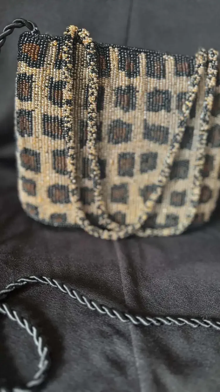 Vintage Beaded Leopard Cheetah Print Crossbody Purse Made in India